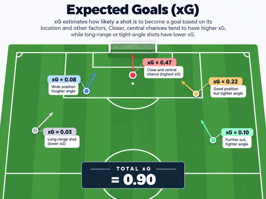Illustrative football shot map showing five xG values totaling 0.90