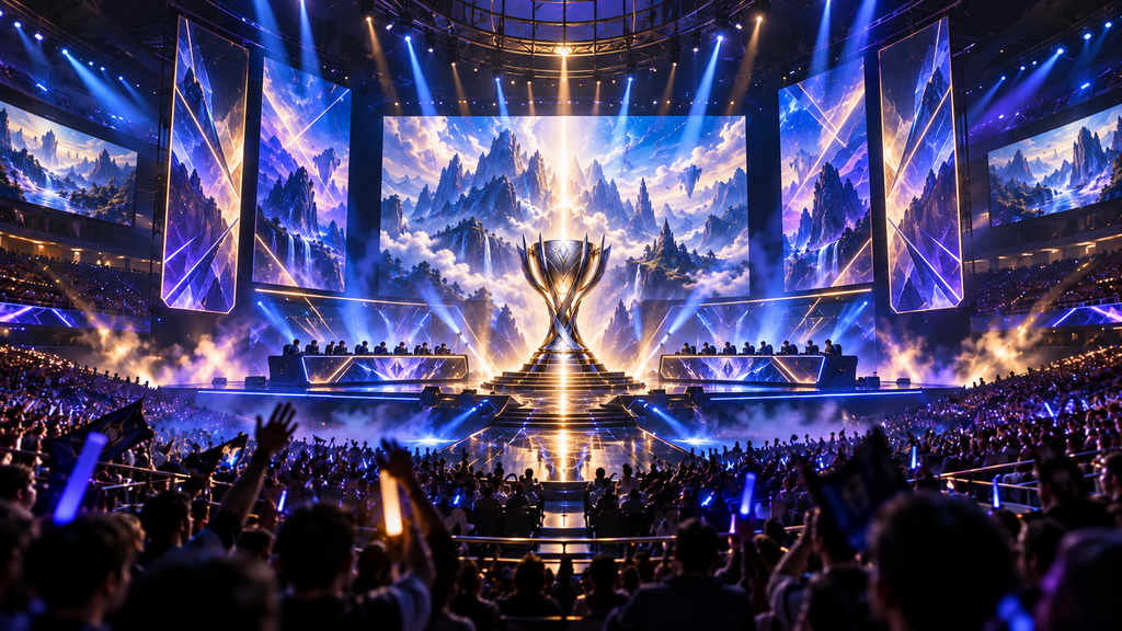 LoL Worlds 2026 Swiss Stage illustration showing a championship esports arena and trophy