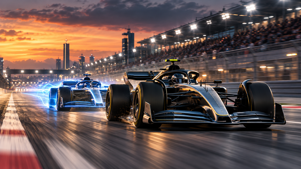 Illustration of two Formula 1 cars racing, representing F1 2026 Overtake Mode vs DRS