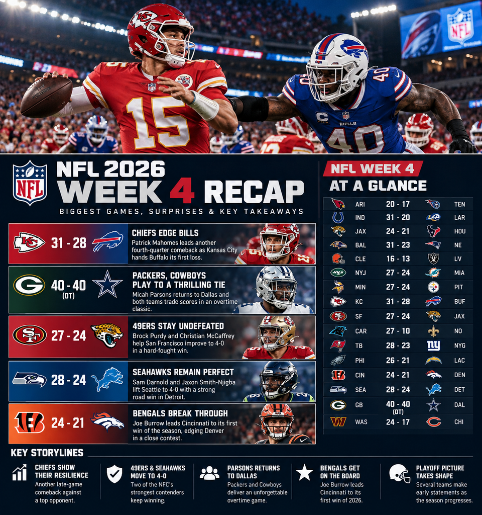 NFL 2026 Week 4 infographic highlighting Patriots vs Bills, Browns vs Steelers, Falcons vs Saints, and the three unbeaten teams.
