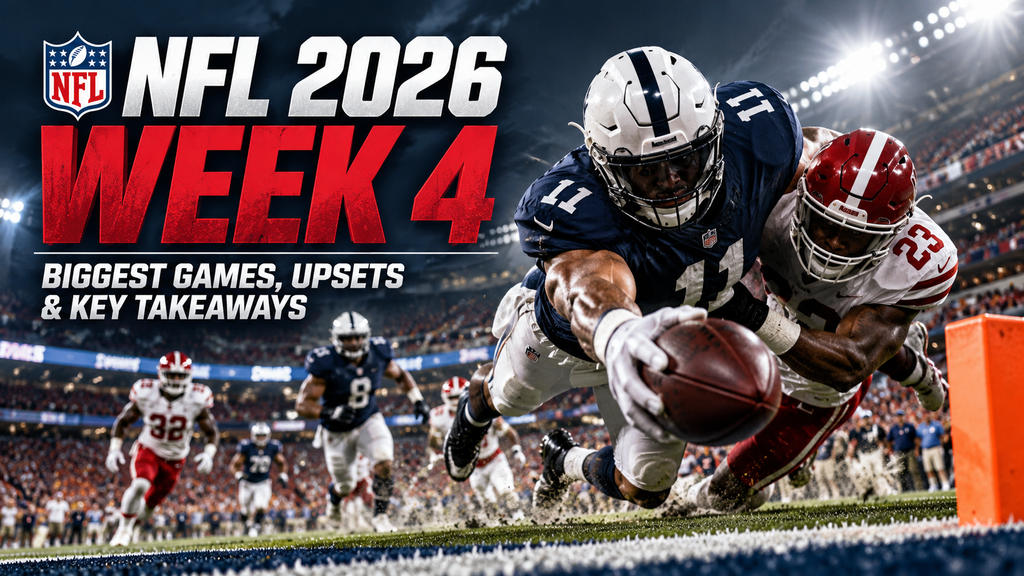 NFL 2026 Week 4 recap editorial illustration showing a dramatic football game under stadium lights.